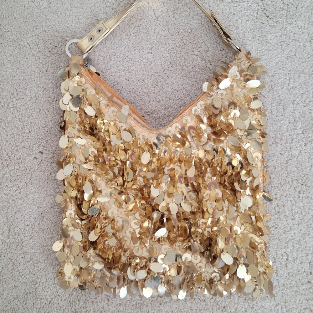 Vintage Gold Large Sequined Purse Boho Shoulder Glam 60's 70's